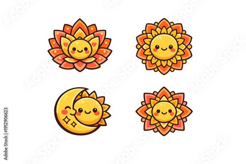 Four cute cartoon illustrations of smiling suns and a crescent moon on a black background. The characters feature kawaii faces with rosy cheeks and vibrant orange and yellow colors.
