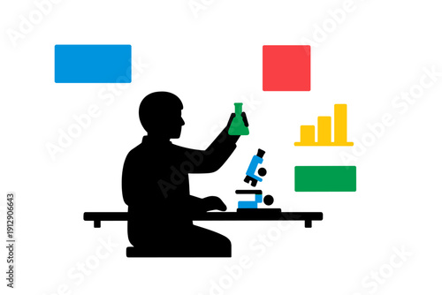 Minimalist flat design illustration featuring a person using a microscope next to a green flask and a yellow bar chart on a dark background, symbolizing scientific research.