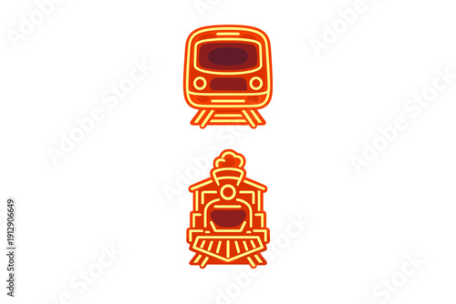 Two glowing orange neon icons of trains on a black background. The top icon shows a modern subway train, while the bottom one depicts a vintage steam locomotive engine.