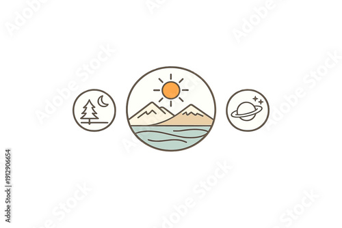 Three minimalist circular icons featuring nature and space themes including a pine tree with a moon, mountains under a sun by the water, and a ringed planet with stars on a black background.
