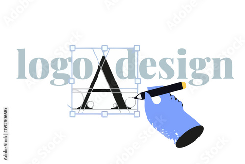 A graphic designer creates a logo using a drawing tool on a computer with a letter and design elements.