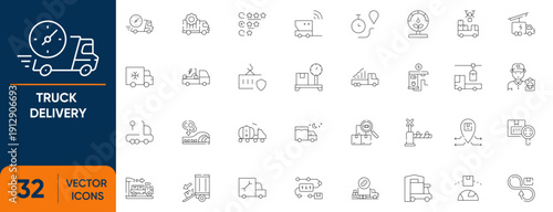 Truck Delivery Icon Set. Containing logistics, inventory, shipping, supply chain, distribution, transport and more. Editable vector Line icons collection.