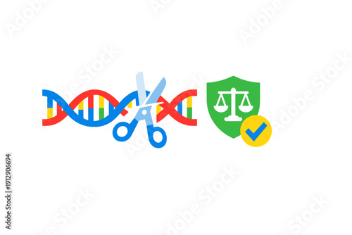 Illustration of a DNA strand being edited with scissors alongside a shield featuring a scale of justice and a checkmark, symbolizing the ethics and legal regulation of biotechnology.
