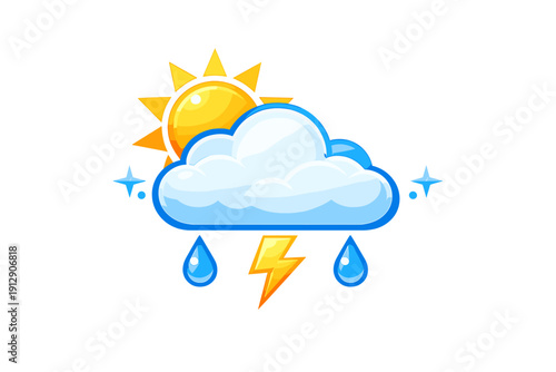 This glossy weather illustration shows a yellow sun peeking from behind a white cloud with two blue raindrops and a yellow lightning bolt on a solid black background.