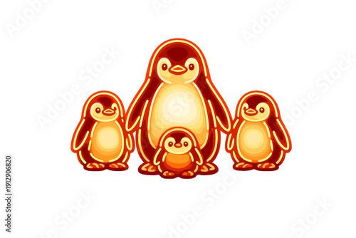 A glowing neon illustration of a penguin family with four members in warm orange and yellow tones against a black background. The cute characters have a bright, radiant outline.
