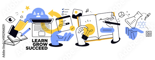 A colorful illustration of a person learning and growing with various icons and symbols surrounding a central laptop and books, promoting success and education in a lively digital environment.