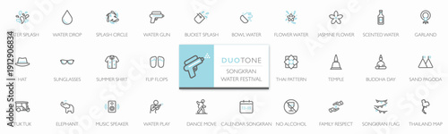 Minimal duotone Songkran and Water Festival icon set with modern flat line style. Editable stroke vector icons featuring Thai culture, water play, summer elements, and New Year celebration. vector ill