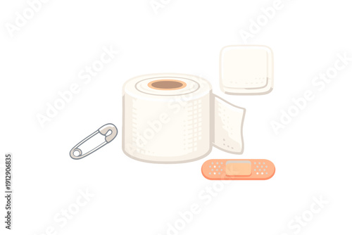 A collection of first aid supplies including a roll of white medical gauze, a safety pin, a square sterile pad, and an adhesive bandage isolated on a solid black background.