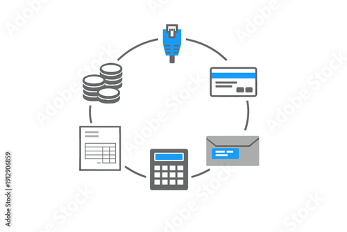 A circular illustration featuring icons for an ethernet plug, credit card, envelope, calculator, document, and coins, representing a digital financial ecosystem on a dark background.