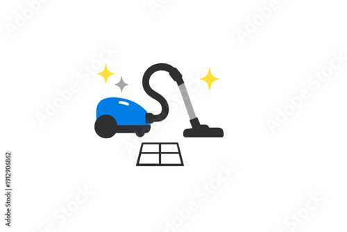 A blue canister vacuum cleaner with a black hose and floor nozzle is cleaning a white tiled surface. Sparkling stars suggest a clean environment on a black background.