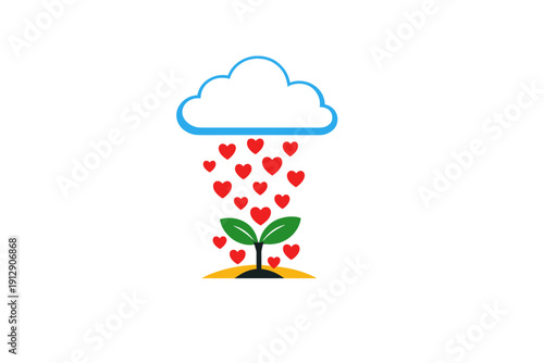 This graphic features a white cloud with a blue border raining red hearts onto a small green plant sprout growing from yellow earth on a solid black background.