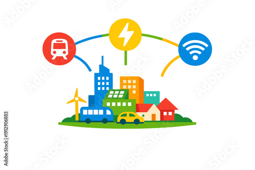 A colorful illustration of a smart city featuring buildings, houses, a wind turbine, and solar panels. Icons for transportation, energy, and connectivity are shown above the urban landscape.