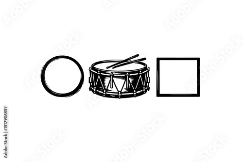 A minimalist white line art illustration featuring a circle, a snare drum with drumsticks, and a square arranged in a horizontal row on a solid black background.