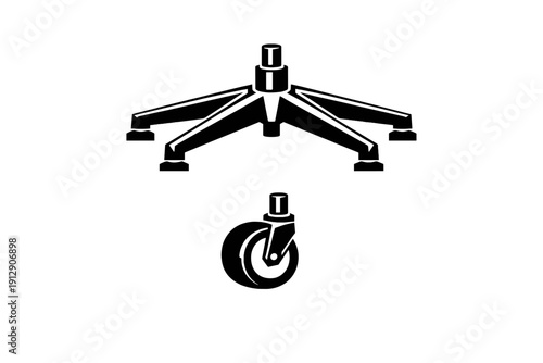 This technical illustration depicts a five-star office chair base and a separate caster wheel. The minimalist line art is presented in black against a plain white background.