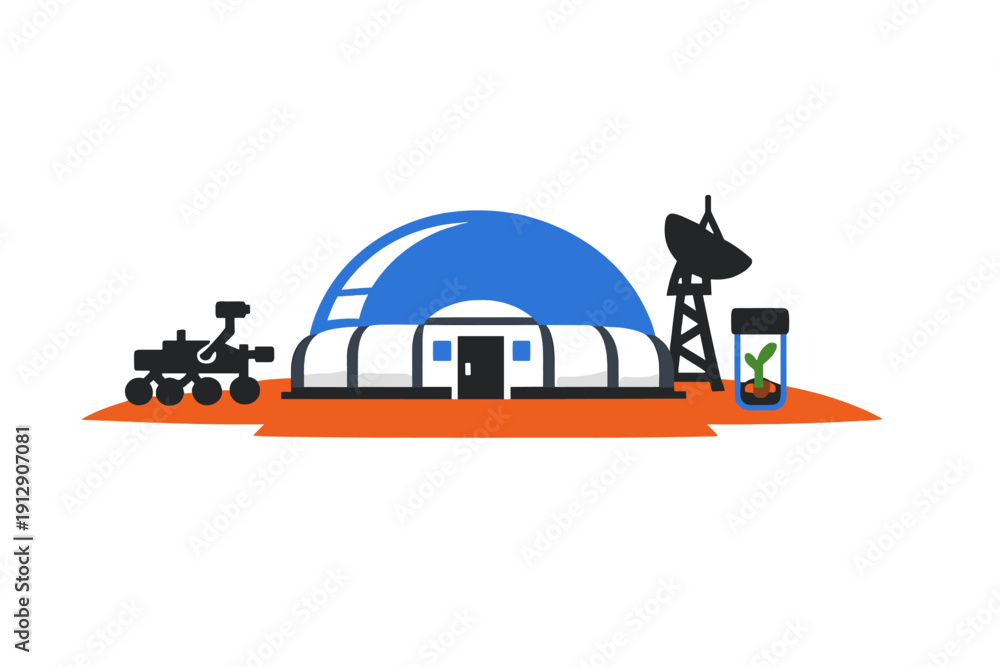 Fototapeta premium A flat vector illustration of a futuristic space colony on a red planet featuring a blue dome habitat, a rover vehicle, a satellite dish, and a small plant growing in a glass jar.