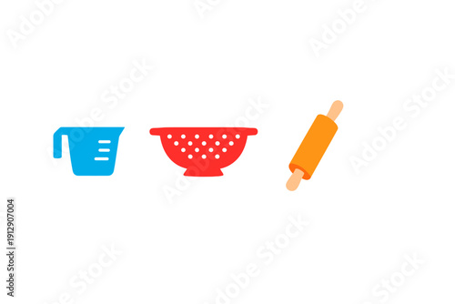 A flat illustration featuring three colorful kitchen utensils including a blue measuring cup, a red colander, and an orange rolling pin arranged horizontally on a black background.