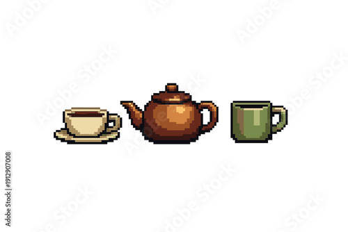 A pixel art illustration featuring a cream-colored teacup on a saucer, a brown teapot, and a green mug, all set against a solid black background in a retro video game style.