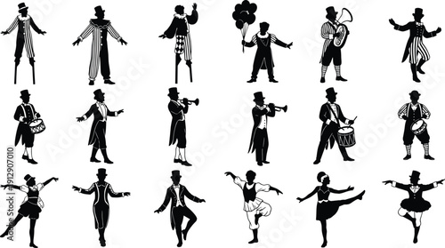 Vintage circus performer silhouettes isolated on white background featuring clowns, musicians, dancers, entertainers illustration collection graphic design set