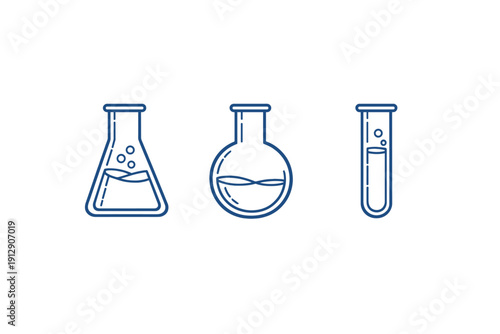 A set of three blue line-art icons depicting laboratory glassware, including an Erlenmeyer flask, a round-bottom flask, and a test tube, isolated on a solid black background.