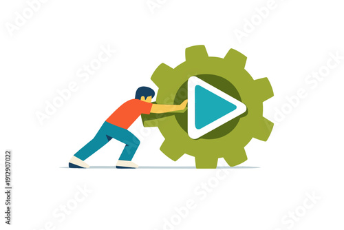 An illustration of a person pushing a large green gear that contains a blue play button. It symbolizes the effort behind video content creation and media production processes.