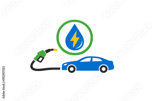 A blue car is being refueled by a green gas pump nozzle. Above the vehicle is a green circle with a blue water drop and a yellow lightning bolt symbol on a black background.