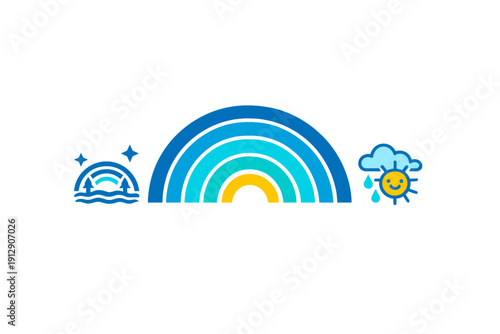 This illustration displays three weather-themed icons against a black backdrop, featuring a large multi-colored rainbow, a smiling sun with rain, and a rainbow rising over waves.