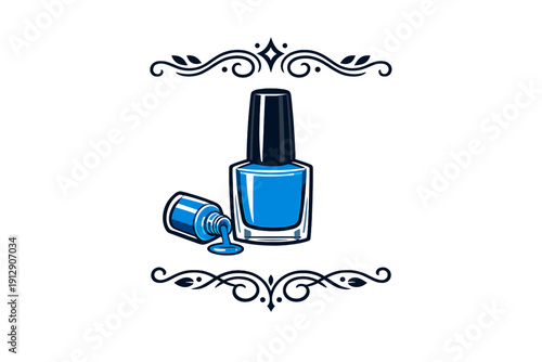 This vector illustration features a blue nail polish bottle standing upright next to a smaller tipped bottle spilling liquid, framed by ornate decorative flourishes.