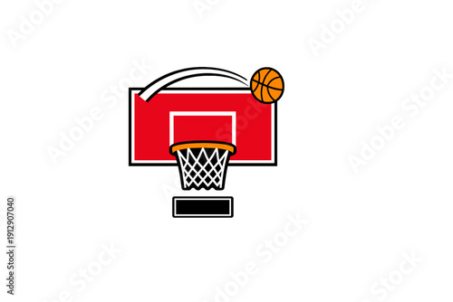 A graphic illustration of a basketball hoop with a red backboard and a white net. An orange basketball is shown in motion, arcing towards the rim against a solid black background.