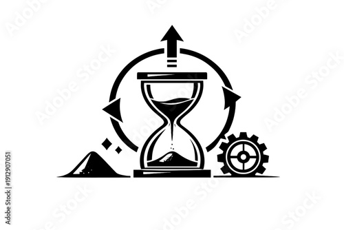 A minimalist black and white graphic illustration featuring an hourglass with sand flowing into the lower chamber positioned next to a circular target symbol on a dark background.