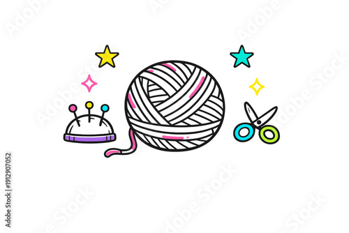 A colorful illustration featuring a large ball of yarn, a pincushion with pins, and a pair of scissors against a black background, decorated with several bright stars in a playful style.
