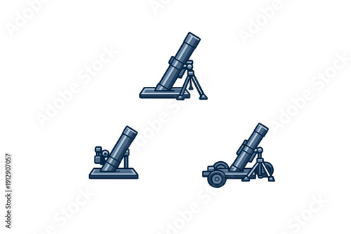 Three stylized illustrations of military mortars in various configurations, including baseplate and wheeled versions, presented in a dark blue color scheme on a black background.