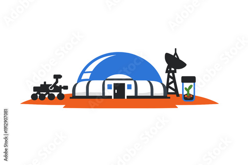 A flat vector illustration of a futuristic space colony on a red planet featuring a blue dome habitat, a rover vehicle, a satellite dish, and a small plant growing in a glass jar.