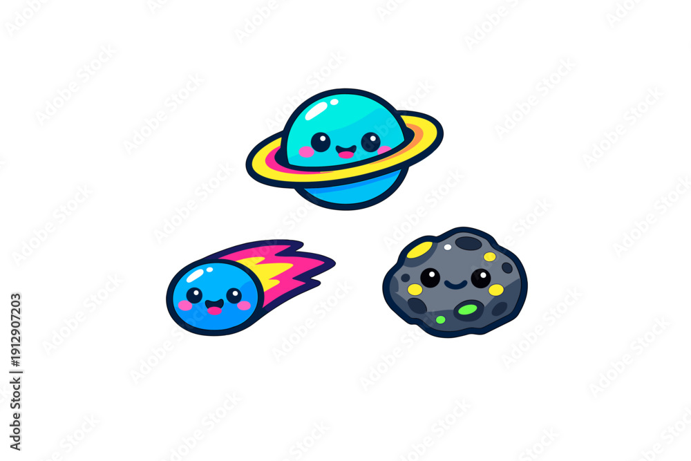 Fototapeta premium A collection of three cute cartoon space objects including a blue planet with rings, a smiling comet with a colorful tail, and a grey asteroid, all set against a black background.