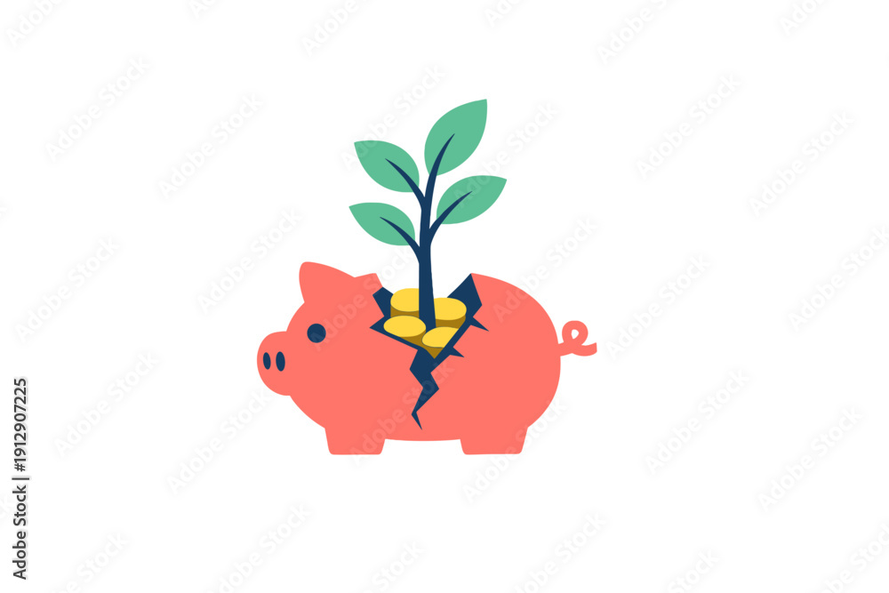 Obraz premium A pink piggy bank is cracked open with gold coins inside and a green plant growing out of the top. This illustration represents financial growth and investment concepts.