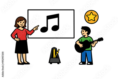 A woman in a red shirt points at a blackboard while a boy in a green shirt holds a guitar. A metronome and a star icon are also present in this flat music lesson illustration.
