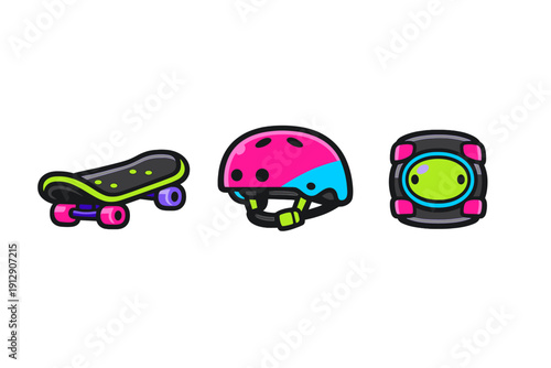 Three vibrant cartoon icons including a skateboard, a safety helmet, and a protective knee pad, rendered in neon pink, blue, and green with thick black outlines on a dark background.