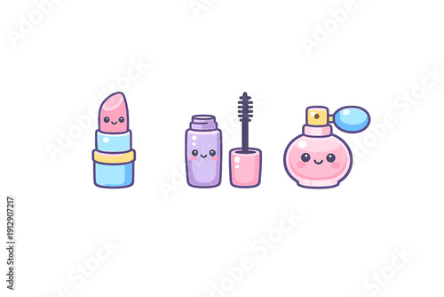 A cute set of kawaii makeup illustrations featuring a pink lipstick, a purple mascara bottle with a wand, and a pink perfume bottle, all with smiling faces on a black background.