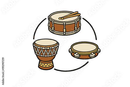 This illustration features a snare drum with wooden sticks, a djembe, and a tambourine. The musical instruments are arranged in a circular layout against a solid black background.