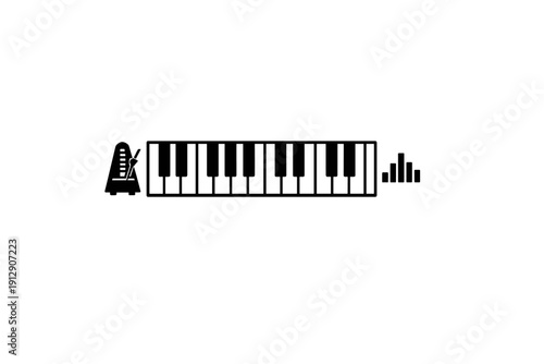A minimalist black and white illustration featuring a metronome, a section of a piano keyboard, and a small stack of books against a solid black background.