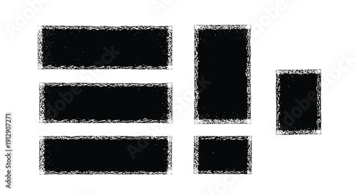 Collection of six distressed black rectangular grunge frames with rough textured edges isolated on a white background perfect for design overlays