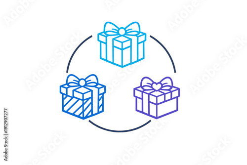 A set of three gift box icons with bows and ribbons is displayed in a circular arrangement. The graphic uses blue and purple neon colors against a solid black background.
