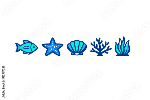 A set of five stylized blue icons representing marine life including a fish, starfish, seashell, coral, and seaweed, arranged in a horizontal row against a solid black background.