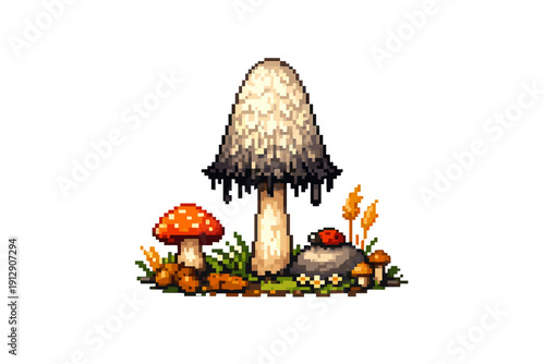 A pixel art illustration featuring a large white shaggy ink cap mushroom and a red fly agaric mushroom on a forest floor with a ladybug on a rock and small plants against a black background.