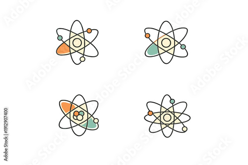 A set of four stylized atom icons featuring elliptical orbits and colorful electrons. The illustrations use a retro color palette of orange and teal on a black background.