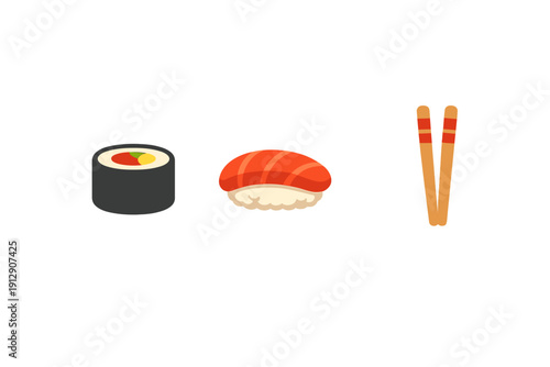 A flat illustration of a maki roll, a piece of salmon nigiri sushi, and a pair of wooden chopsticks with red bands, all set against a solid black background.