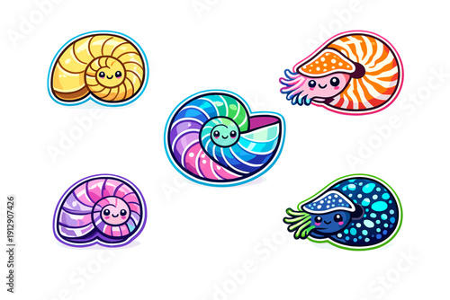 Five adorable nautilus stickers with cheerful expressions and colorful shells. This set of kawaii marine life icons features vibrant rainbow, pink, and blue patterns on a dark background.