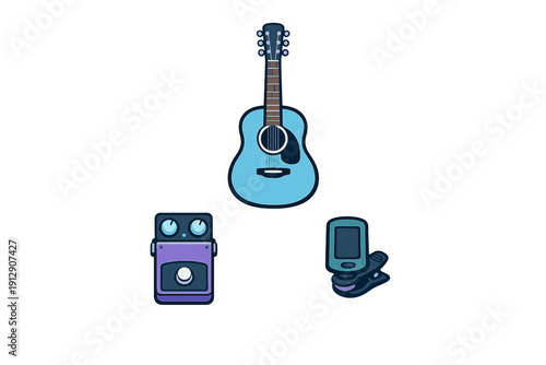 This vector graphic shows a light blue acoustic guitar positioned above a purple effects pedal and a clip-on tuner, all presented in a clean flat design style on a dark background.