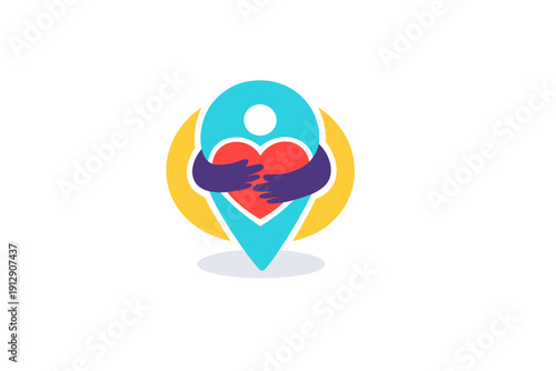 This stylized vector illustration features a light blue map pin with purple arms hugging a red heart, positioned against a yellow circular background on a solid black field.