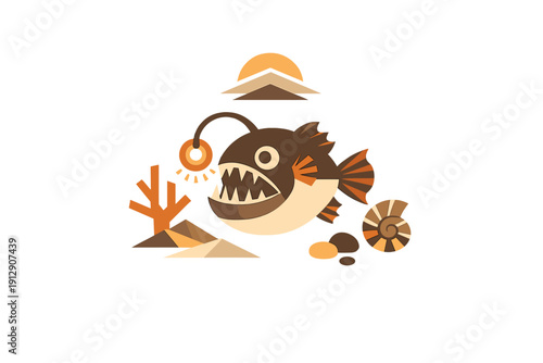 A stylized geometric illustration of an anglerfish with sharp teeth and a glowing lure, surrounded by coral, rocks, and a shell against a dark background with mountain shapes.