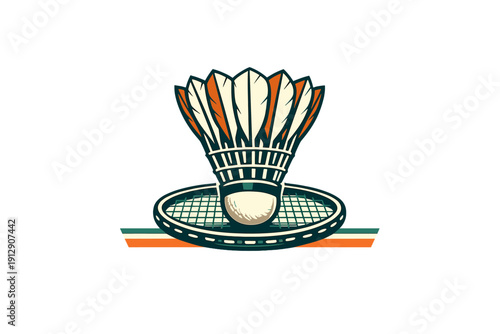 A stylized graphic illustration of a badminton shuttlecock with cream and orange feathers resting on a dark green racket, set against a solid black background.